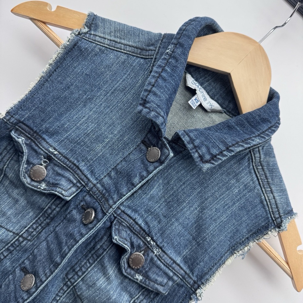 Sapphire Ink Denim Vest Womens XS Blue Jean Studded Rhinestone Cross Back Y2K